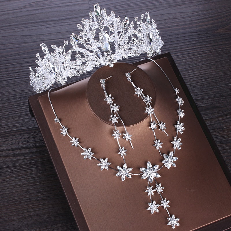 Luxury Heart Crystal Bridal Jewelry Sets Wedding Cubic Zircon Crown Tiaras Earring Choker Necklace Set African Beads Jewelry Set