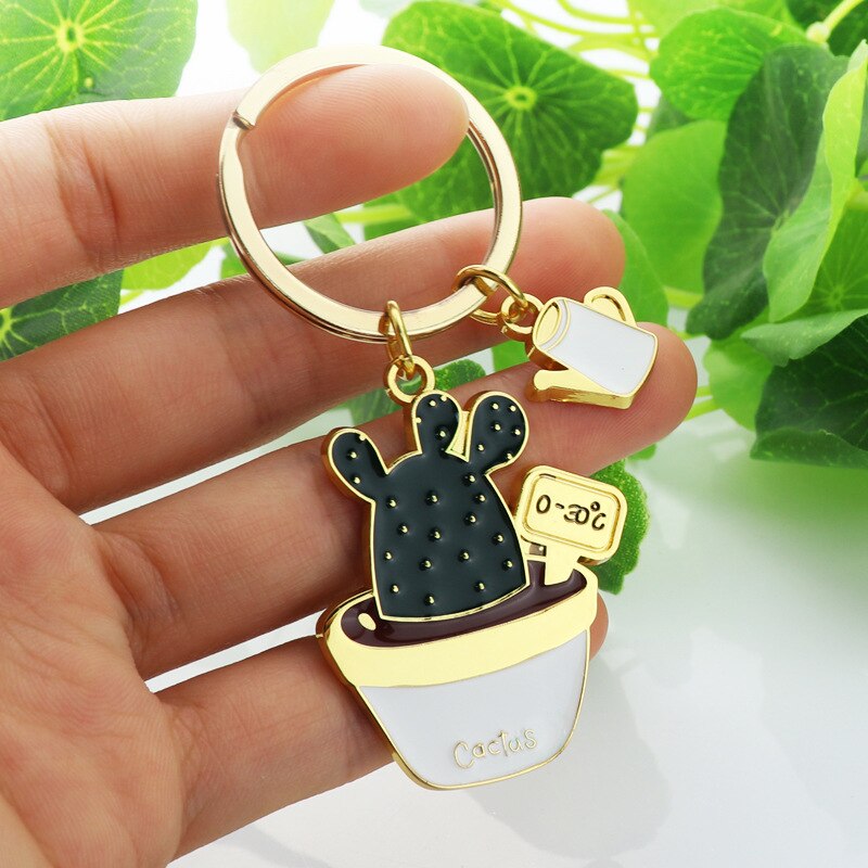 Aveuri Lovely Cactus Keychain Women Succulent Potted Succulent Plants Shaped Keychain Ring Gold Car Key Chains Best Gift For Friend