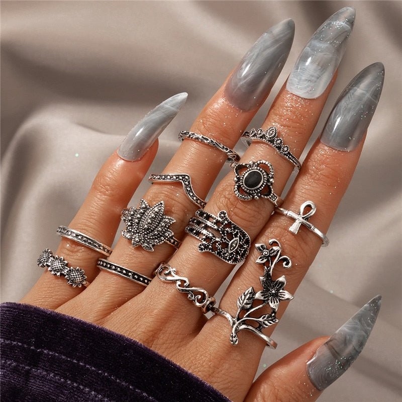 Aveuri Leaf Moon Crescent Rings for Women Antique Sliver Color Punk Knuckle Midi Ring Set Vintage  Jewelry Accessories Wholesale