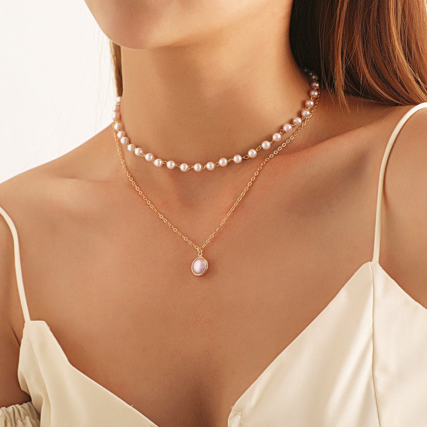 LATS 2023 New Fashion Kpop Pearl Choker Necklace Cute Double Layer Chain Pendant for Women Trendy Jewelry Girl Gift Wholesale