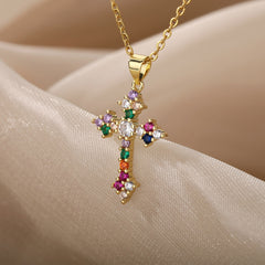 Aveuri Cross Necklace For Women Man Shiny Multicolor Crystal Zircon Moon Couple Choker Pendant Necklace Christmas Party Jewelry Gift