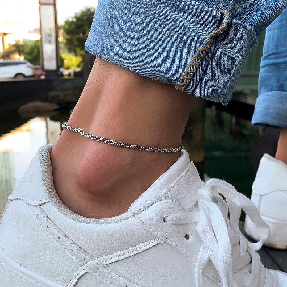 Aveuri Gothic Basic Simple Flat Blade Snake Chain Bracelet on the Leg For Men Women Punk Gold Color Copper Anklet Kpop Foot Jewelry