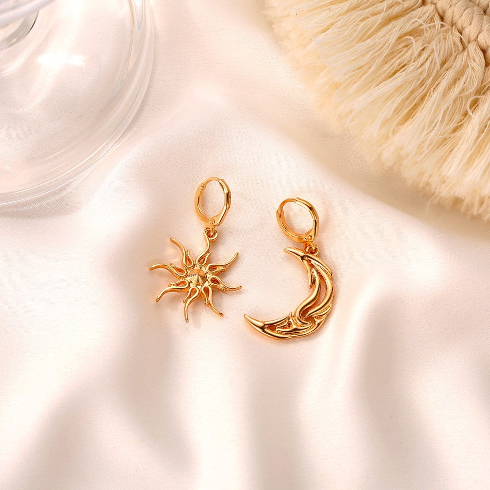 LATS New Sun Moon Dangle Earring Asymmetric Abstract Star Drop Earrings for Women Short Hollow Earings Brincos Fashion Jewelry