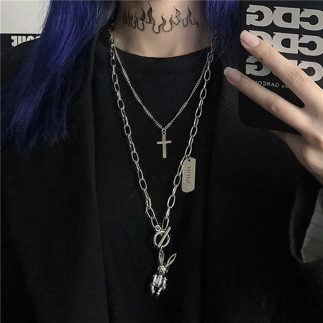 Aveuri 2023 Fashion Multilayer Silver Color Metal Chain Cross Necklace Couple Hip Hop Punk Geometric Pendant Necklaces For Women Men