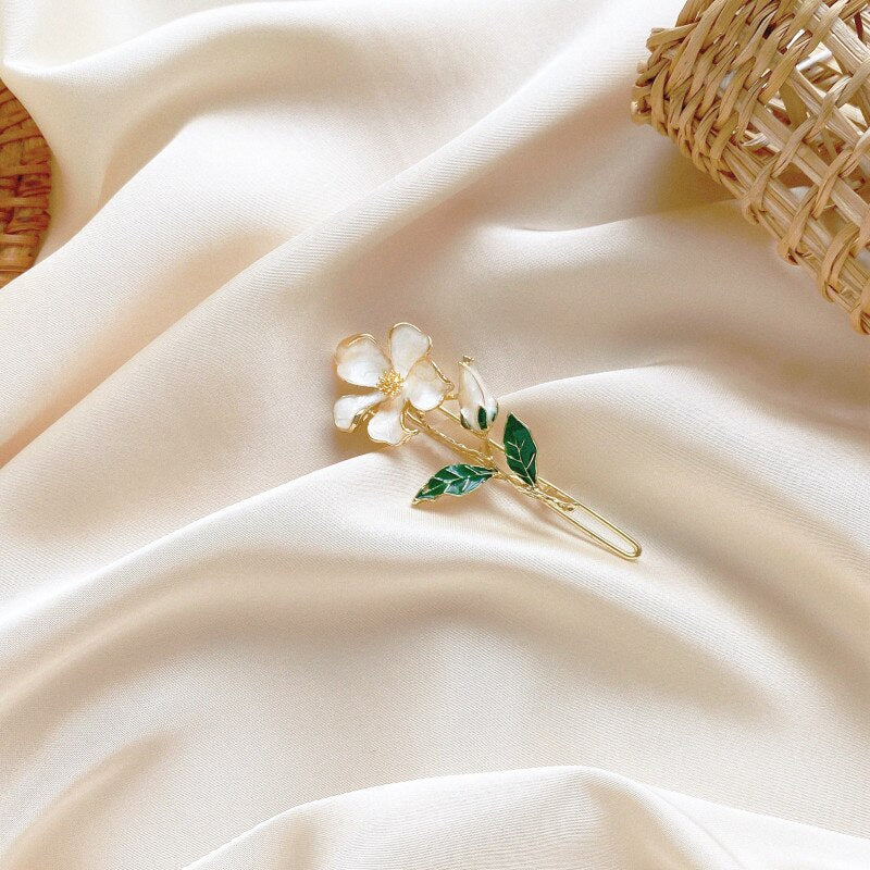 Aveuri Pear Flower Series Hairpin Sweet and Cute Shell Flower Side Clip Green Leaf Spring Clip Duck Hairpin Hair Accessories