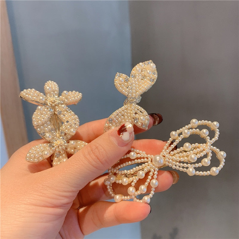 Aveuri 2021 New Headdress Pearl Flower Spring Clip Multilayer Bow Hairpin Double Butterfly Net Red Clip Hairpin