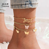 Aveuri  3pcs/sets Colorful Butterfly Anklets for Women Letter Angle Gold Alloy Metal Foot Chain Adjustable Summer Jewelry 17410
