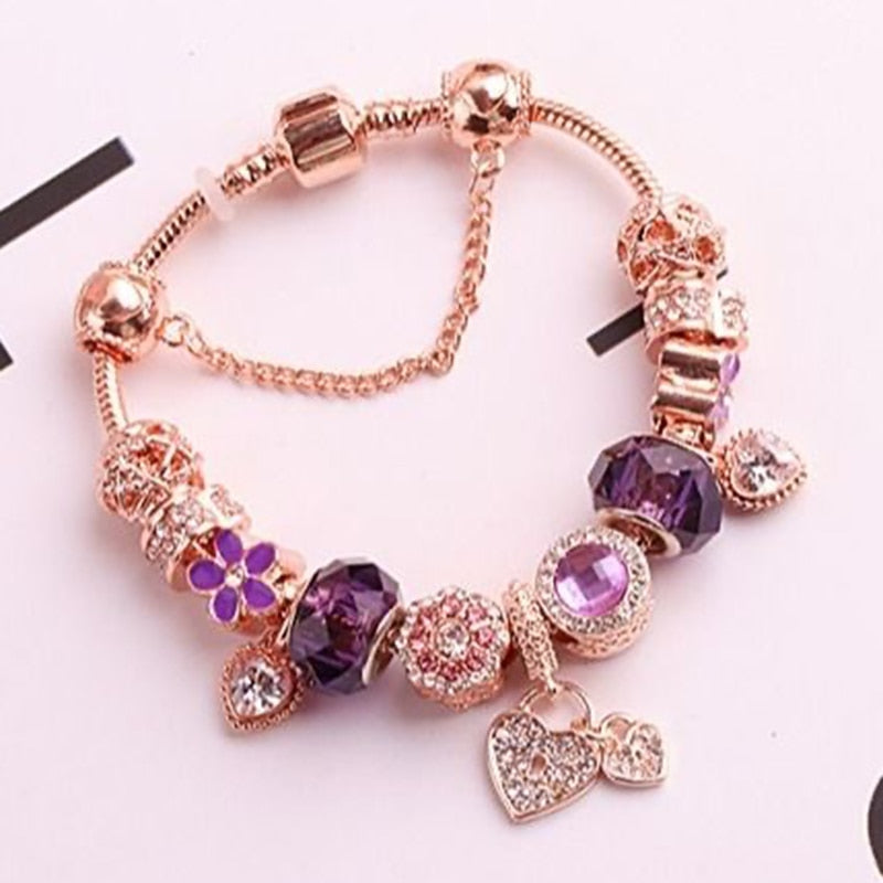 Aveuri High Quality Rose Gold Crystal Charm Bracelets For Women With Pink Leaves Bracelets & Bangles Fashion Jewelry Gift Dropshipping