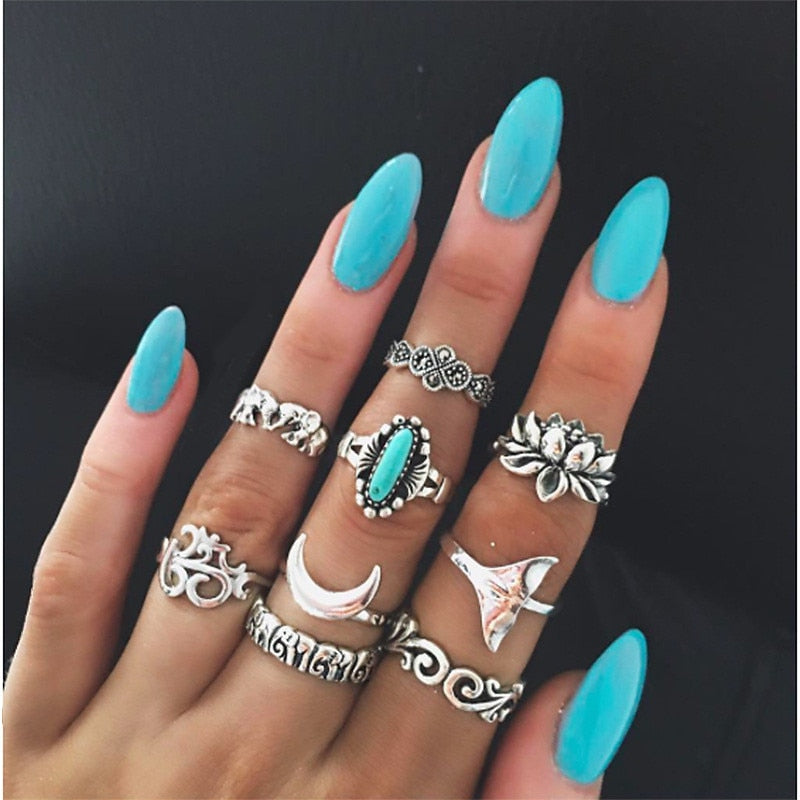 Aveuri New Antique Silver Color Eagle Deer Moon Crown Finger Midi Knuckle Rings Set for Women Bohemia Jewelry