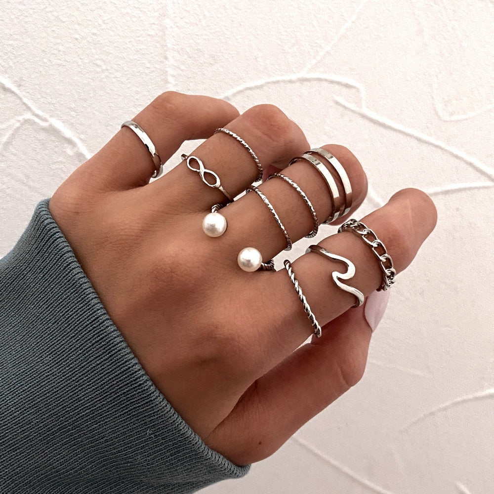 LATS Bohemian Gold Chain Rings Set For Women Fashion Boho Coin Snake Moon Star Rings Party 2023 Female Trend Jewelry Gifts