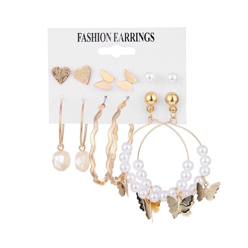 Christmas Gift EN Fashion Pearl Drop Earring Set For Women Trendy Geometric Circle Chain Butterfly Earrings 2023 NEW Set of Earrings Jewelry