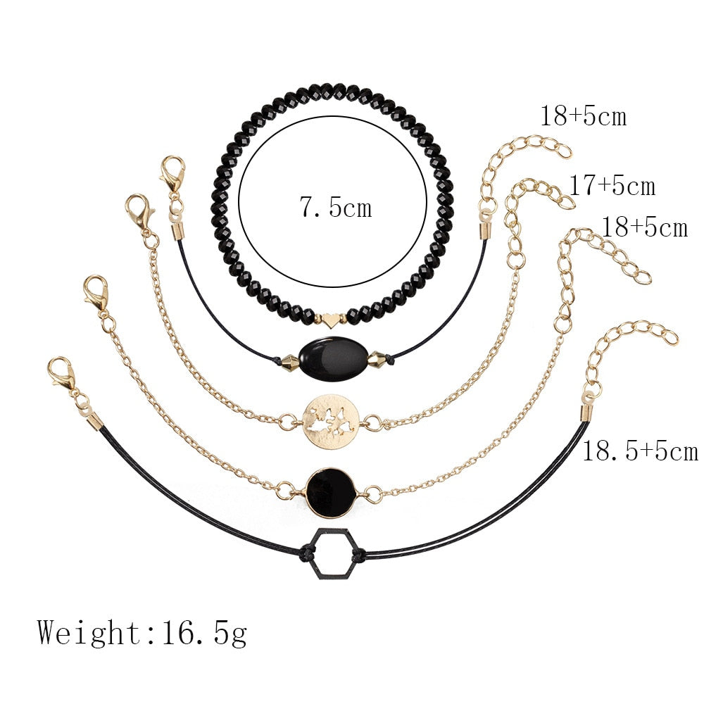 AVEURi 2023 Bohemian Black Gem Stone Beads Bracelets Bangles For Women Heart Map Ocean Gold Color Chain Bracelets Sets Jewelry Gifts