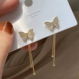 Aveuri Korean Elegant Cute Rhinestone Butterfly Stud Earrings For Women Girls Fashion Metal Chain Boucle D'oreille Jewelry Gifts