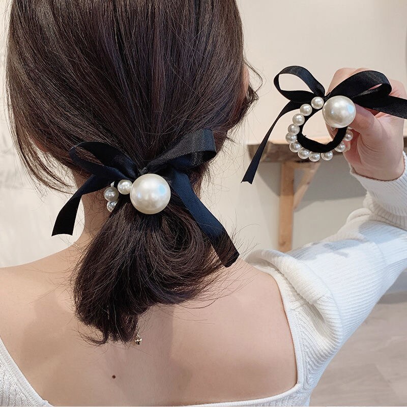 Aveuri 2022 Fixing Hair High Elastic Headband For Woman Pearl Butterfly Ribbon Fashion Winter Rubber Band Suitable For Home Hair Decoration