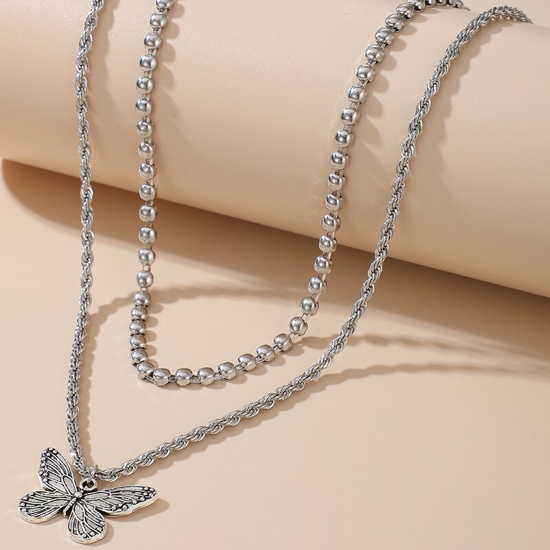 Aveuri  Bohemian Butterfly Pendant Necklace for Women Silver Color Alloy Metal Multilayer Chain Choker Jewelry Gift 14749