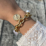 AVEURi 2023 Elegant Ethnic Vintage Gold Silver Color Thick Chain Bracelet Imitation Pearls Human Head Charm Bracelet Sets Jewelry