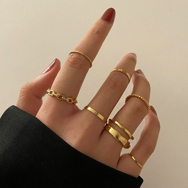 LATS Bohemian Gold Chain Rings Set For Women Fashion Boho Coin Snake Moon Star Rings Party 2023 Female Trend Jewelry Gifts