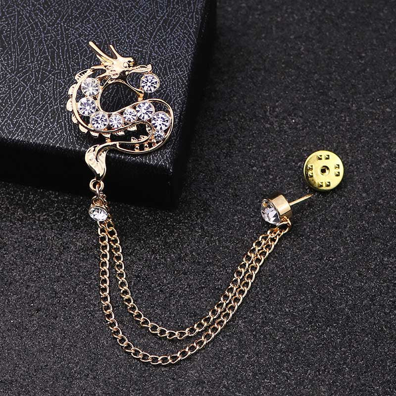 HUISHI Trendy Brooches Reindeer Crown chain Brooch Fashion Metal Cross Dragon Crystal Chain Tassel Badge Pin Collar Accessory