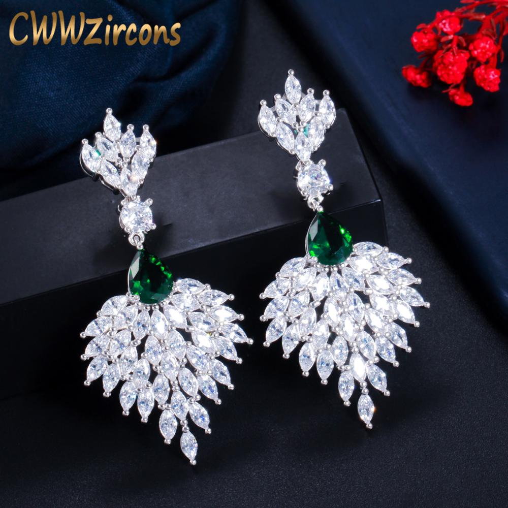 Christmas Gift Gorgeous Green Cubic Zirconia Long Feather Dangle Drop Earrings for Women Wedding Banquet Jewelry Accessories CZ794