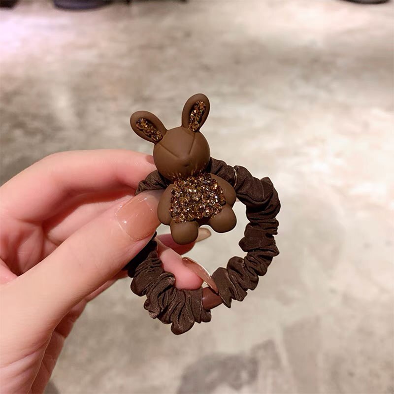 Aveuri 2023 The New Brown Coffee Color Crown Czech Diamond Bear Hair Ring Full Of Diamond Square Hair Rope Ball Head Rope