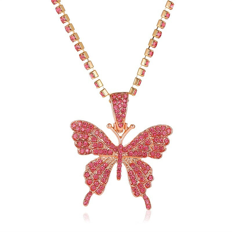 LATS Punk Cuban Double Layer Big Butterfly Pendant Necklace Full Rhinestone Gold Color Choker Thick Chain Necklace Women Jewelry