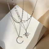 s925 sterling Silver Star Moon Double Necklace Women Clavicle Chain Shiny Diamond  Fashion Jewely Accessories