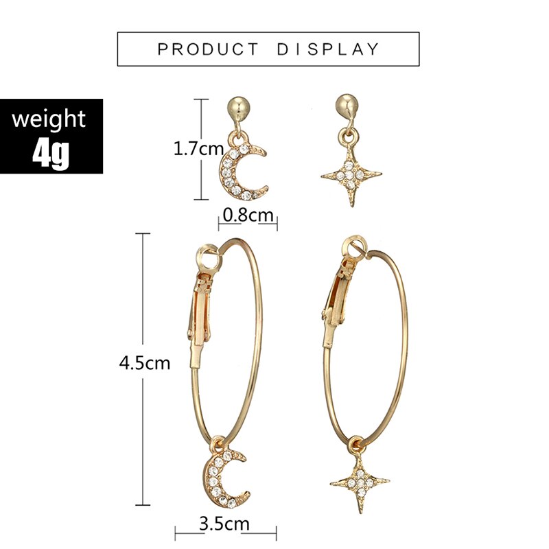 Tocona 4pcs/set Bohemian Star Moon Earring Geometric Crystal Pendant Stud Earring for Women Girl Pericing Earings Jewelry 6505