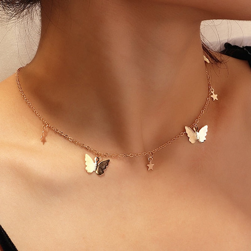 Aveuri INS Fashion Pretty Butterfly Clavicle Chain Choker Neckalce for Women Charms Gold Alloy Metal Adjustable Jewelry A110