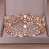 Aveuri Gold Round Crown King Queen Wedding Tiara Bride Headpiece Men Party Crystal Hair Jewelry Wedding Hair Accessories