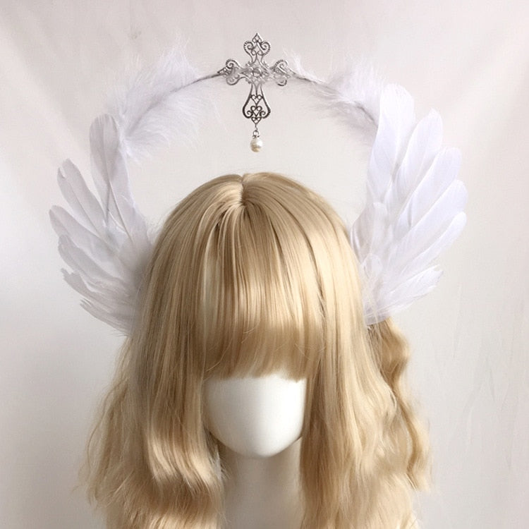 Retro Lolita Notre Dame's Halo Cross Angel's Feather Wing Headband White Feather Virgin Mary Gothic Cosplay Baroque Headwear