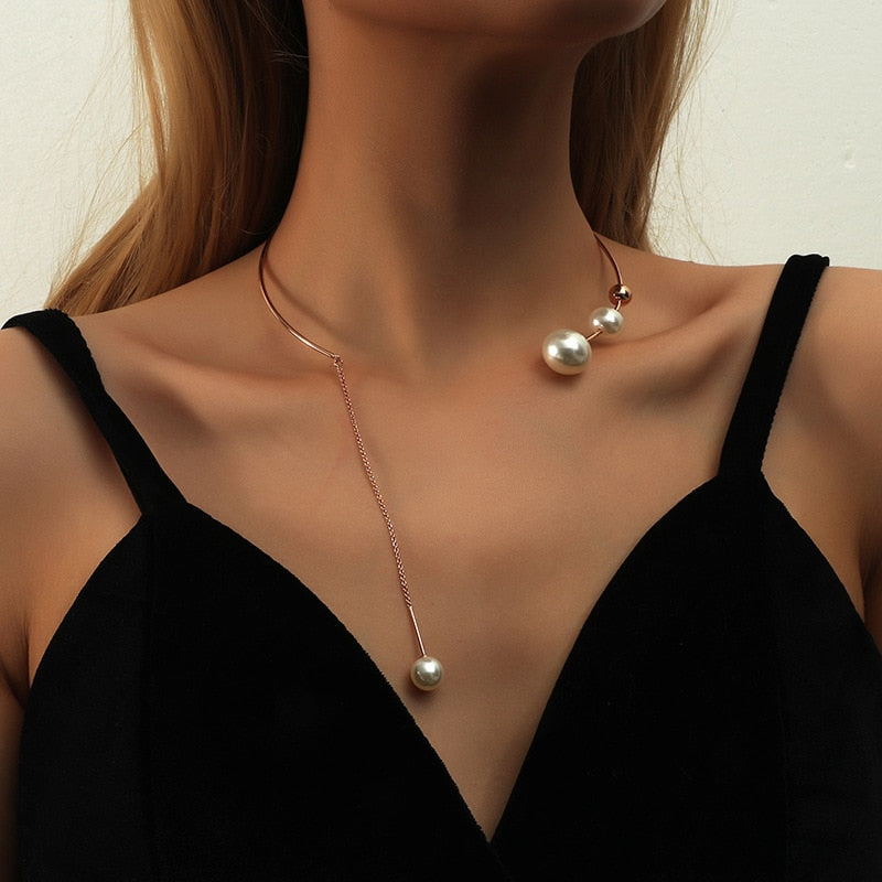 Aveuri New Korean Fashion Long Tassel Pendant Necklace For Women Simulated Pearls Jewelry Geometric Big Round Circle Open Choker Neck