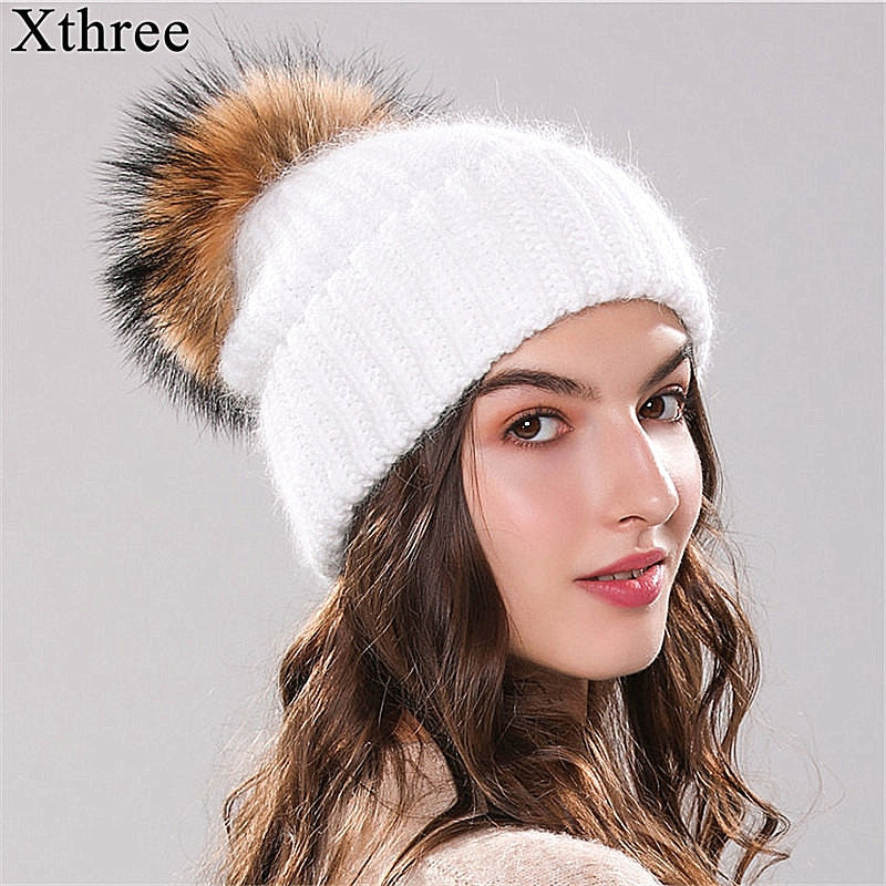 Christmas Gift 70% Angola Rabbit Fur Knitted Hat with Real Fur Pom Pom Hat Skullie Beanie Winter Hat for Women  Girl 's Hat Female Cap