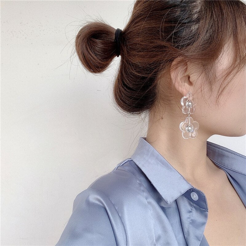 AVEURI Japan Harajuku Cool Transparent Resin Acrylic Flower Long Tassel Drop Earring For Women Party Hot Jewelry