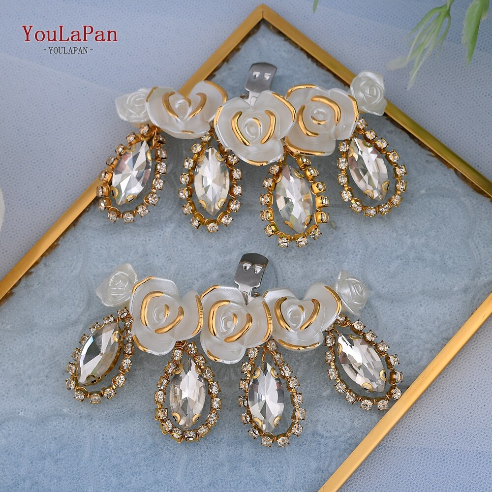 Aveuri 2Pcs/Lot White Wedding Shoes Clips For Bride Wedding Flower Girl Golden Shoes Buckle  Flower Bridal High Heels Clips