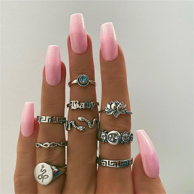 Aveuri Leaf Moon Crescent Rings for Women Antique Sliver Color Punk Knuckle Midi Ring Set Vintage  Jewelry Accessories Wholesale