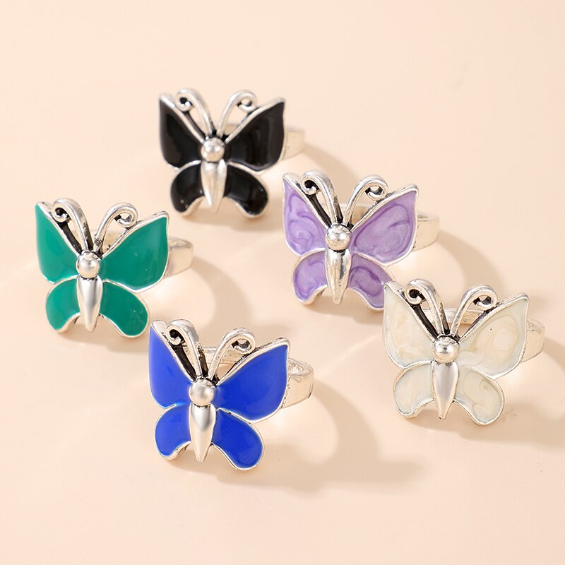 Aveuri 5pcs/sets Colorful Butterfly Ring Sets for Women Charms Alloy Metal Joint Ring Bohemian Jewelry Accessories 14693