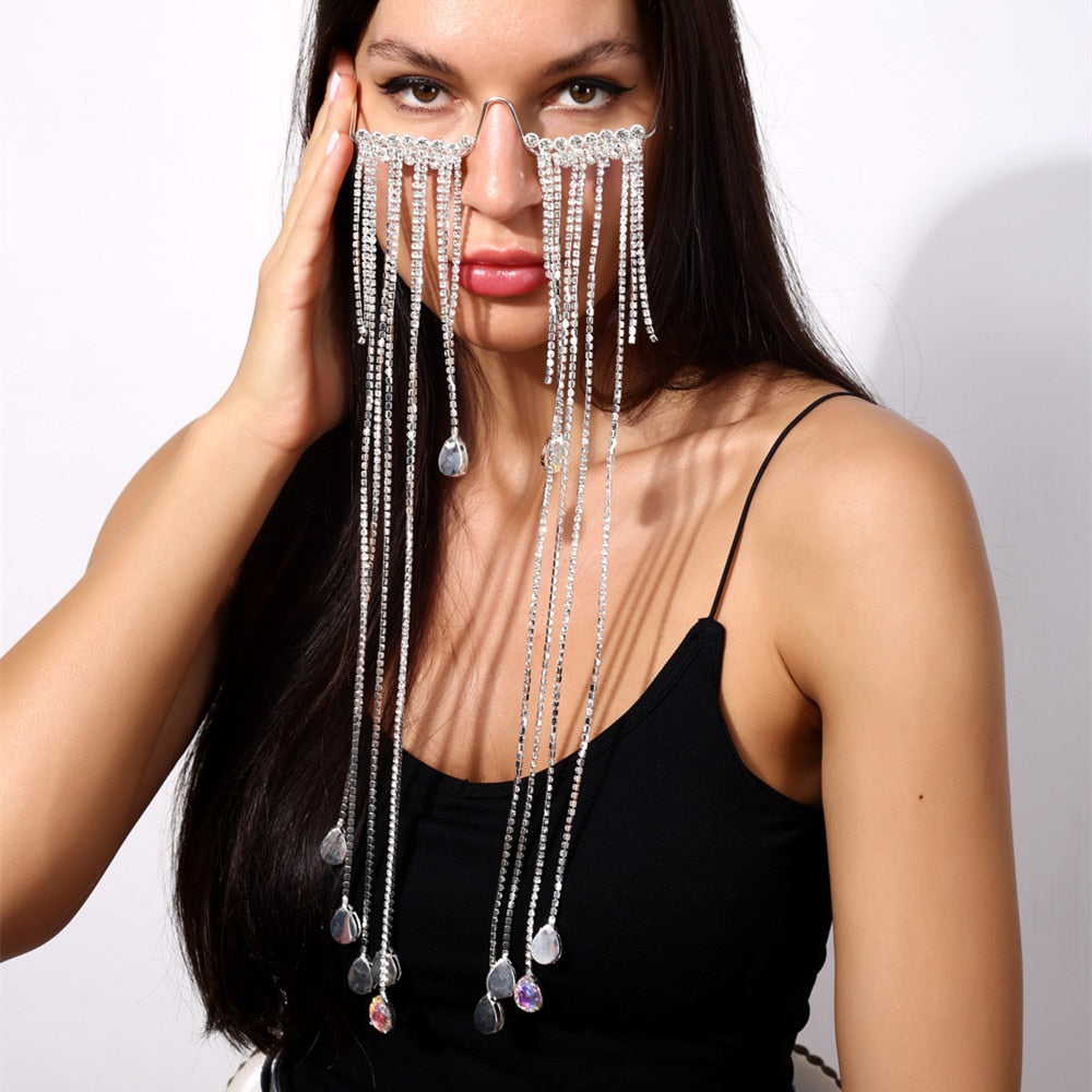 Aveuri INS Luxury Rhinestone Tassel Face Jewelry Chain Eyewear Decoration For Women Big Crystal Water Drop Sunglasses Face Accessories