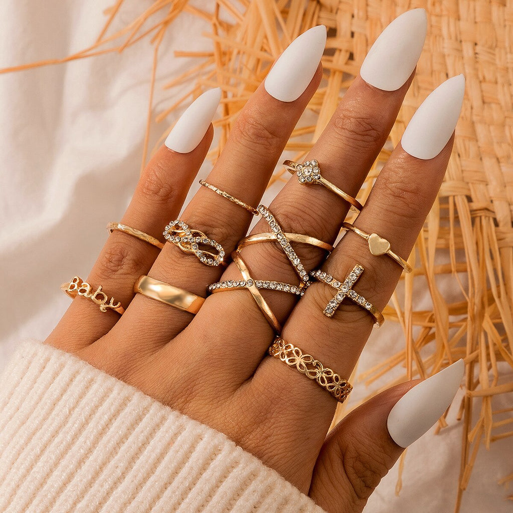 Aveuri 8pcs/sets Bohemian Geometric Rings Sets Clear Stone Gold Chain Opening Rings For Women Jewelry Accessories Gifts