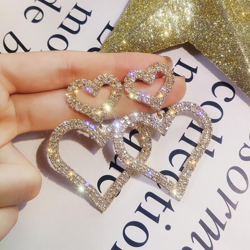 Christmas Gift 2023 New Fashion Women Exaggerated Crystal Double Heart Earrings Contracted Joker Long Drop Earrings Jewelry Accessories