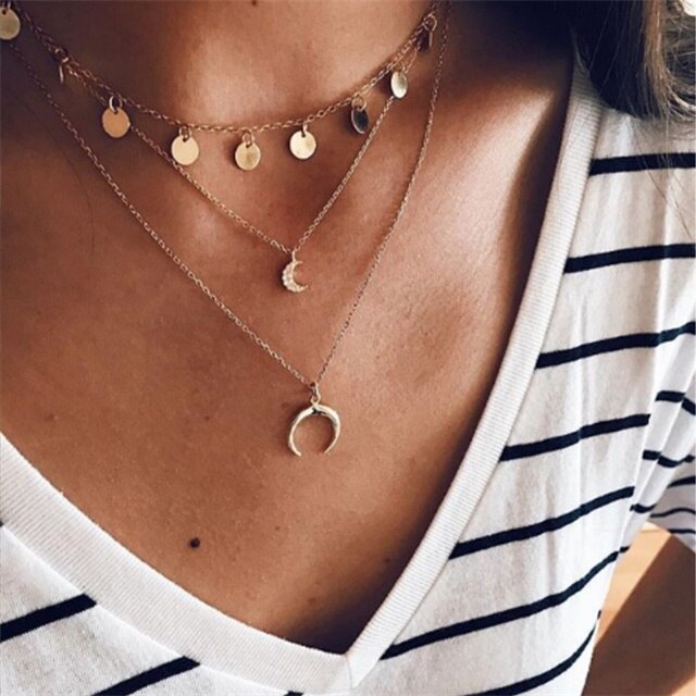 Aveuri Vintage Multilayer Choker Necklaces For Women Gold Color Moon Star Horn Crescent Coin Pendant Necklace Jewelry 2023