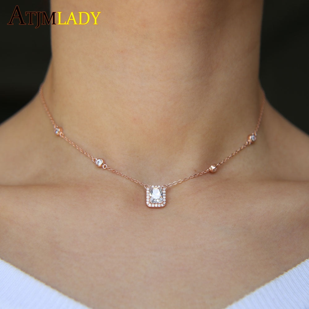 AVEURI New Rose Gold Color  Metal Fine Wedding Jewelry Sparking Bling Square Cubic Zirconia Cz Elegant Necklace