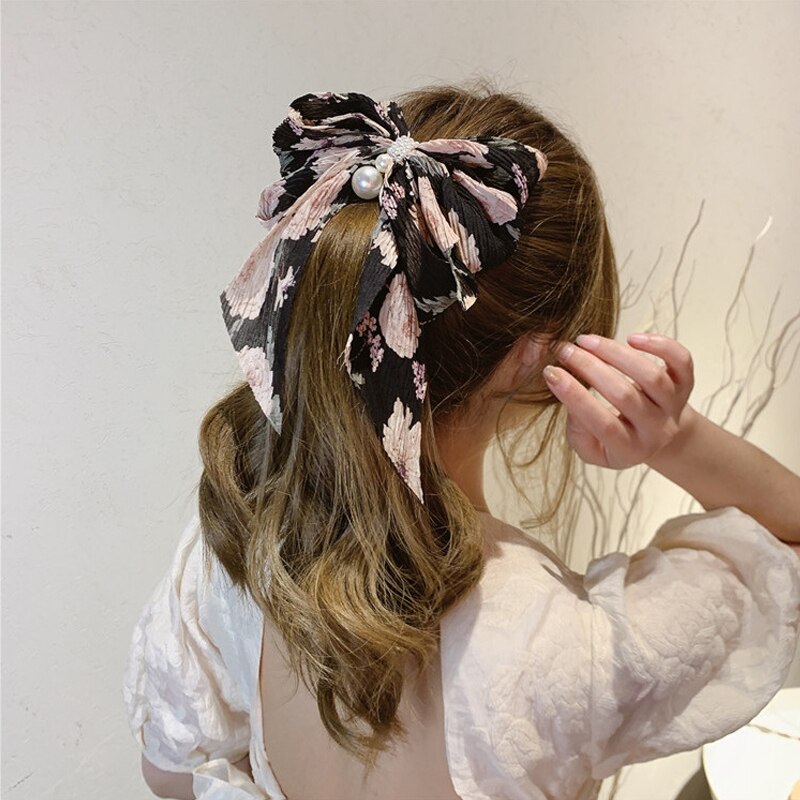 Aveuri Handmade Big Bow Folds bead Steel Clip Spring Clip Sweet Small Floral Top Clip Super Fairy Hair Clip Headdress Female