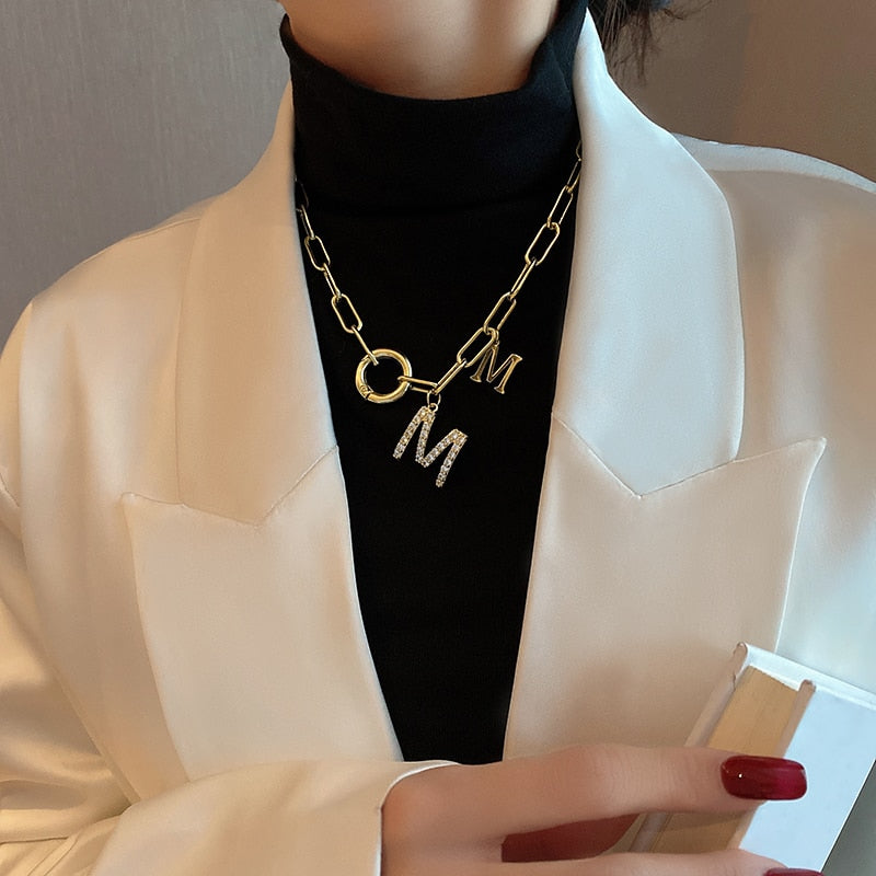 Aveuri Christmas Gift 2023 Punk Style Hip Hop Thick Chain Short Necklace For Woman M Letter Pendant Neck Chain Korean Fashion Jewelry Sweater Chain