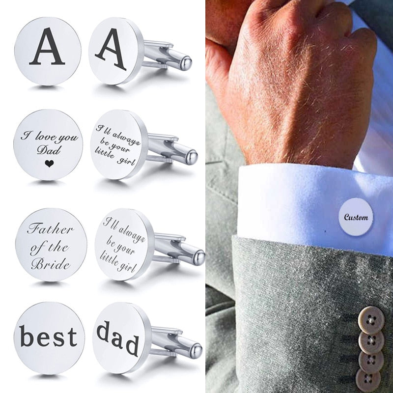 Stainless Steel Men's Cufflinks Custom Wedding Date Shirt Cuff Button Round Clip Llink Best Man Dad Husbands Gifts