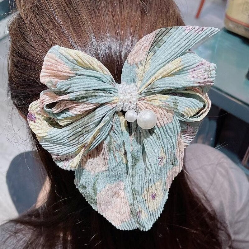 Aveuri Handmade Big Bow Folds bead Steel Clip Spring Clip Sweet Small Floral Top Clip Super Fairy Hair Clip Headdress Female