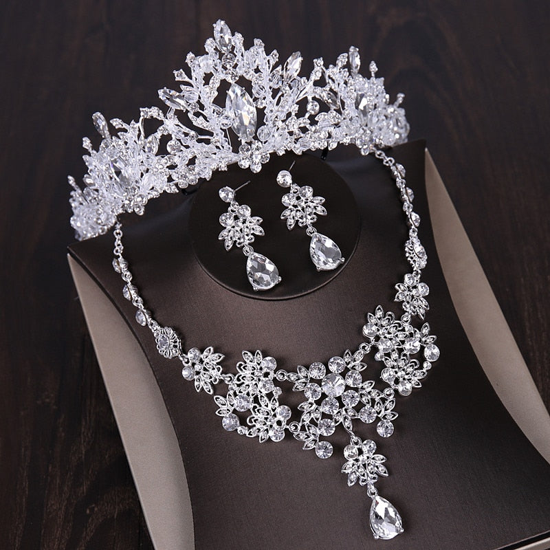 Luxury Heart Crystal Bridal Jewelry Sets Wedding Cubic Zircon Crown Tiaras Earring Choker Necklace Set African Beads Jewelry Set