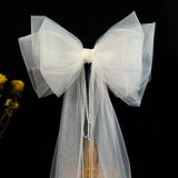 Big White Bow-Knot Women Barrette Beaded Pearls Bridal Headpiece Wedding Hair Clip Accessories Handmade Yarn Bridal Veil