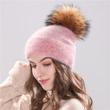 Christmas Gift new women's hat winter beanie knitted hat Angola Rabbit fur Bonnet girl 's hat fall female cap with fur pom pom