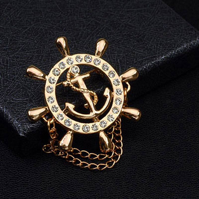 HUISHI Crystal Brooch Golden Ship's Anchor Rudder Brooches For Mens Suit Badge Lapel Pin For Men Women Chain Christmas Gift