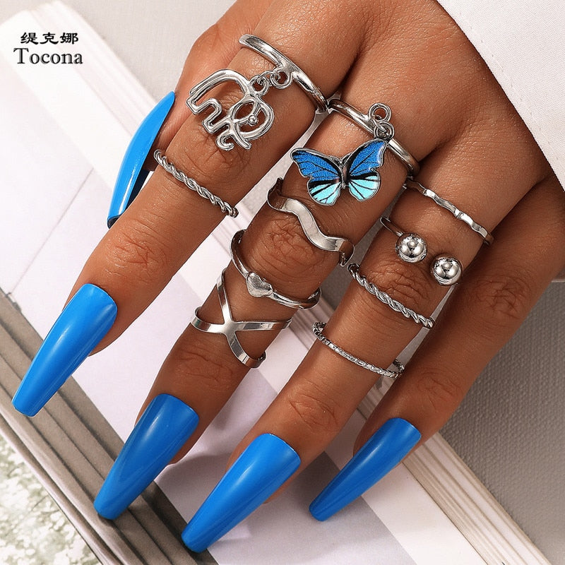 Aveuri 10pcs/sets Trendy Butterfly Elephant Joint Ring Sets for Women Charms Cross Open Ring Jewelry Accessories 18663